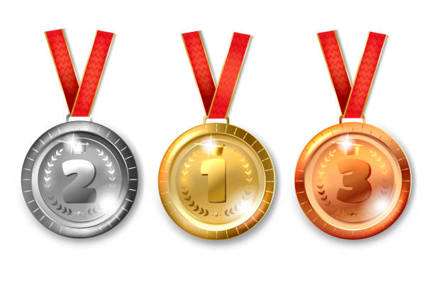 illustrazioni stock, clip art, cartoni animati e icone di tendenza di medaglie d'oro d'argento - medal achievement russia second place