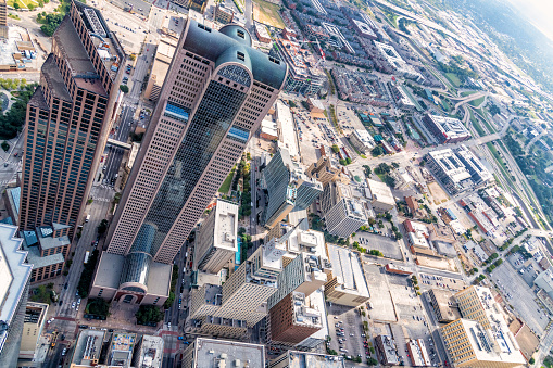 Dallas, United States - October 21, 2020:  The Comerica Bank building in the center of downtown Dallas, Texas shot from an altitude of about 1000 feet over the city.