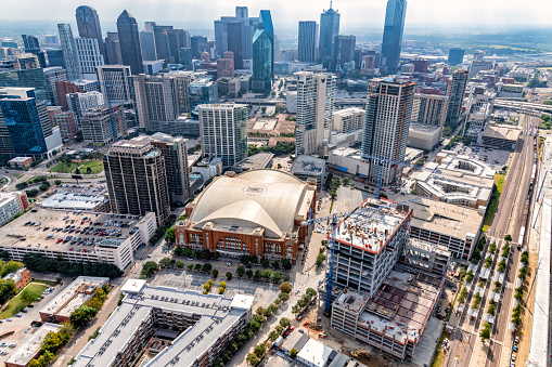 Dallas, United States - October 21, 2020:  Aerial view of the American Airlines Center in downtown Dallas, Texas; a multi-purpose venue serving as the home of the NBA's Dallas Mavericks and the NHL's Dallas Stars