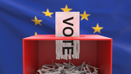 Blank ballot with space for text or logo is dropped into the ballot box against the background of the flag of European Union. Election concept. 3D rendering. Mock up