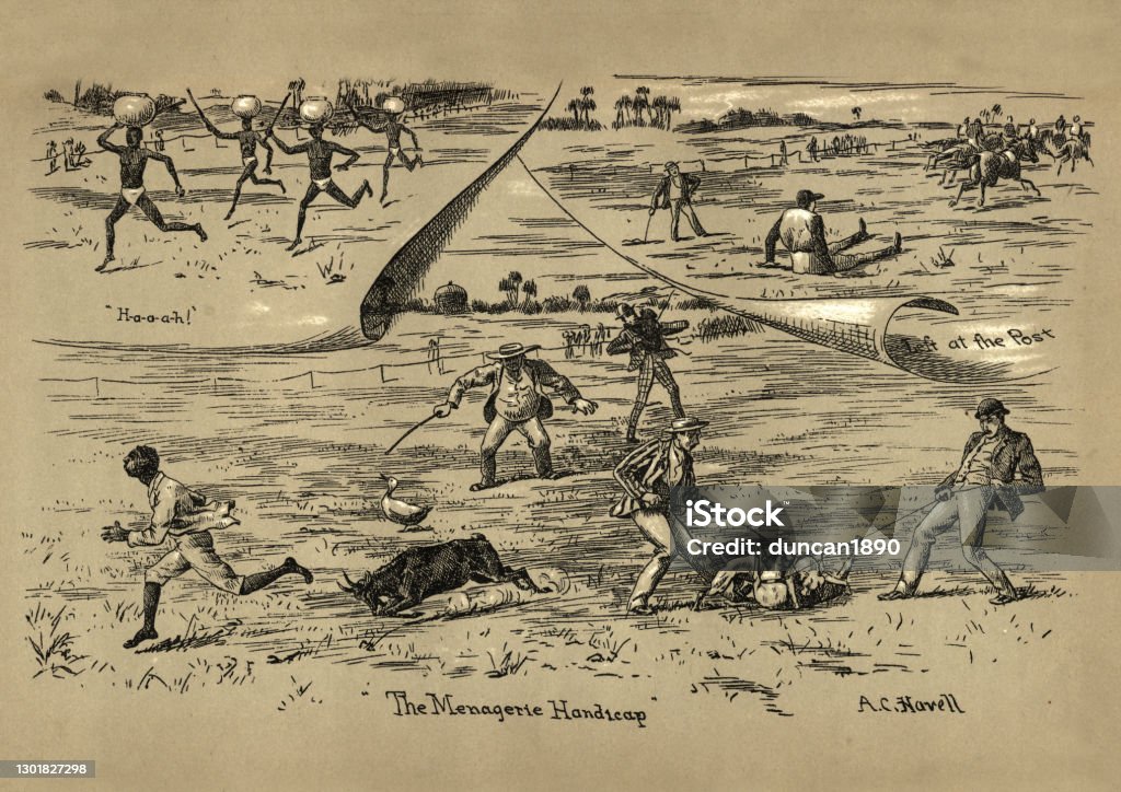 Bizarre sports day races, Burma, Victorian, 19th Century Vintage illustration of Umbrella comedy horse race, Burma, 19th Century. The Menagerie Handicap. THE QUEENS BIRTHDAY AT SABAHMYO 1890-1899 stock illustration