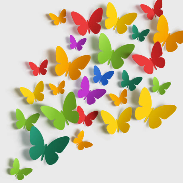 ilustraciones, imágenes clip art, dibujos animados e iconos de stock de mariposa de papel multicolor sobre fondo blanco. - origami