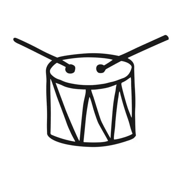 Vector illustration of Vector drum icon in hand drawn style. Musical outline symbol. Isolated illustration on white background. Design for print and coloring books. Cartoon pictogram for game. Doodle trommel.