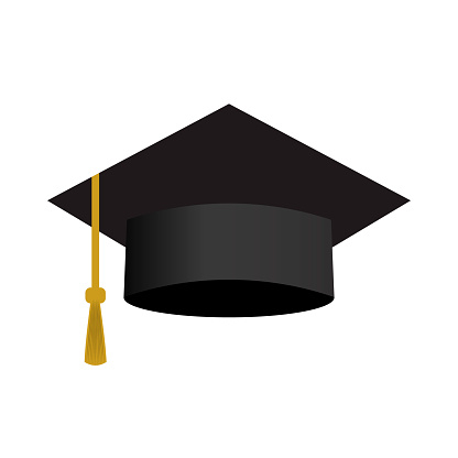 Graduation cap vector icon isolated on white. University or college graduation hat with tassel. Element of design for banner, poster, sticker, flyer, logo design, etc
