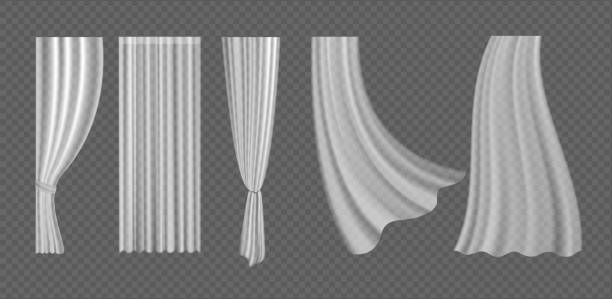 istock Curtain set, 3d realistic fluttering curtain collection from white fabric silk cloth 1301832136