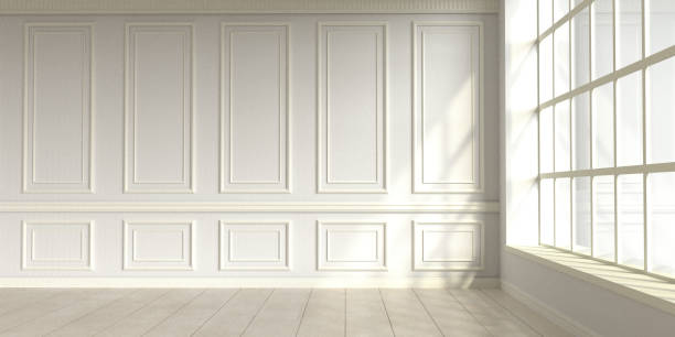 istock Modern classic white empty interior with wall panels and wooden floor. 3d render 1301832235