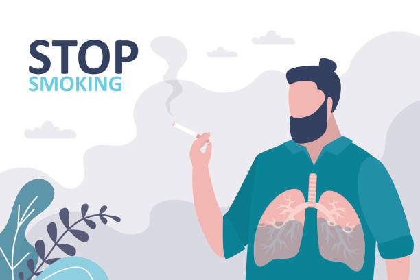 男性キャラクター喫煙タバコ。不健康で影響を受けた肺を持つ漫画の男。悪い習慣と不健康なライフスタイルの概念 - 喫煙問題点のイラスト素材／クリップアート素材／マンガ素材／アイコン素材