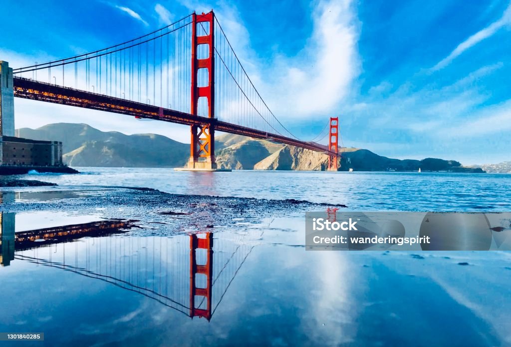 Reflecting Golden Gate. Golden Gate Bridge. San Francisco, California. Golden Gate Bridge Stock Photo