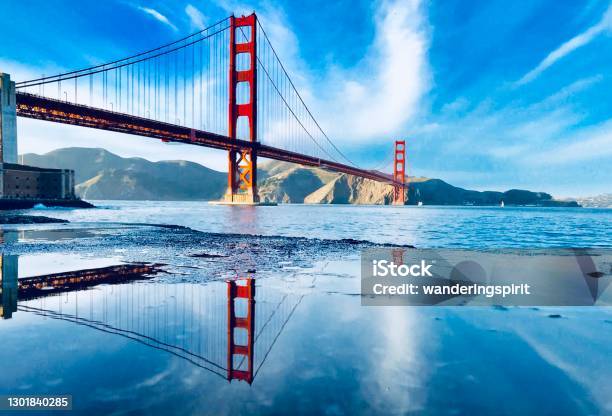 Reflecting Golden Gate Stock Photo - Download Image Now - Golden Gate Bridge, Motion, Architecture