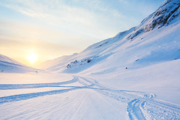 istock snowmobile tracks on the snow in the mountains 1301841134