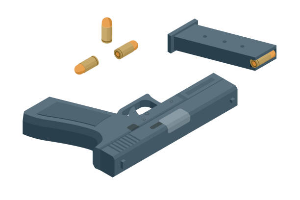 ilustrações, clipart, desenhos animados e ícones de pistola isométrica isolada em fundo branco. símbolo de arma. arma com munição. - police crime gun gang member