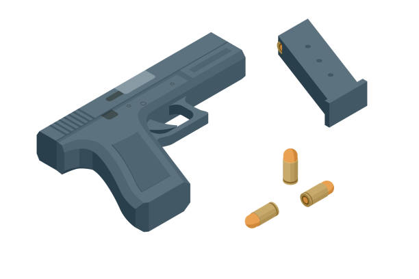 illustrations, cliparts, dessins animés et icônes de pistolet isométrique d’isolement sur le fond blanc. symbole d’arme. arme à feu avec des munitions. - police crime gun gang member