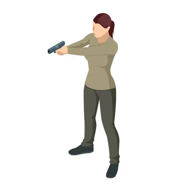 Vector illustration of Isometric woman with a gun in his hand iolated on white. Male policeman, spy or criminal holding. Front view