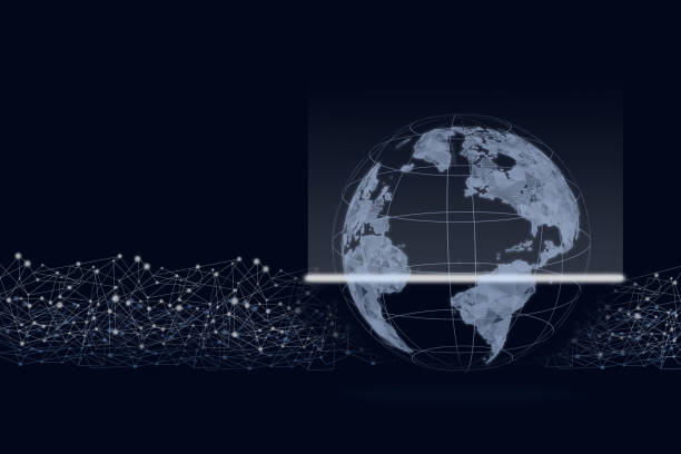 istock Close up of scanning digital globe on dark blue background. Energy and ecology concept, Technologies connecting the world. Global network. 1301841517