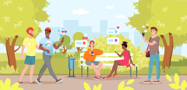 ilustrações de stock, clip art, desenhos animados e ícones de cartoon flat young woman man friend characters sitting on bench in city park, holding smartphone in hand for selfie or chat in social media background. summer city park with people vector illustration. - using phone garden bench