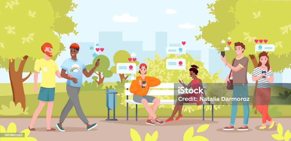 People use smartphones in city park. Cartoon flat young woman man friend characters sitting on bench in city park, holding smartphone in hand for selfie or chat in social media background. - Royalty-free Rede social arte vetorial