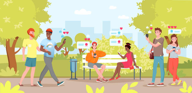 ilustrações de stock, clip art, desenhos animados e ícones de people use smartphones in city park. cartoon flat young woman man friend characters sitting on bench in city park, holding smartphone in hand for selfie or chat in social media background. - using phone garden bench