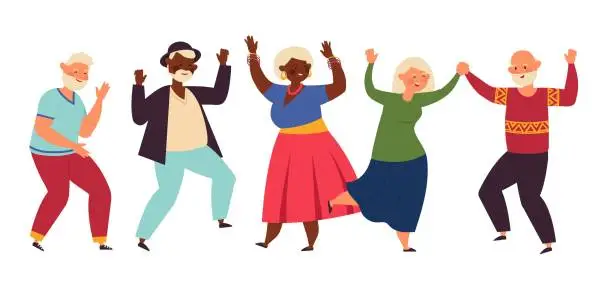 Vector illustration of Dancing seniors. Elderly party, senior people dance fun. Old friends, isolated happy active grandparents, diverse dancers decent vector set
