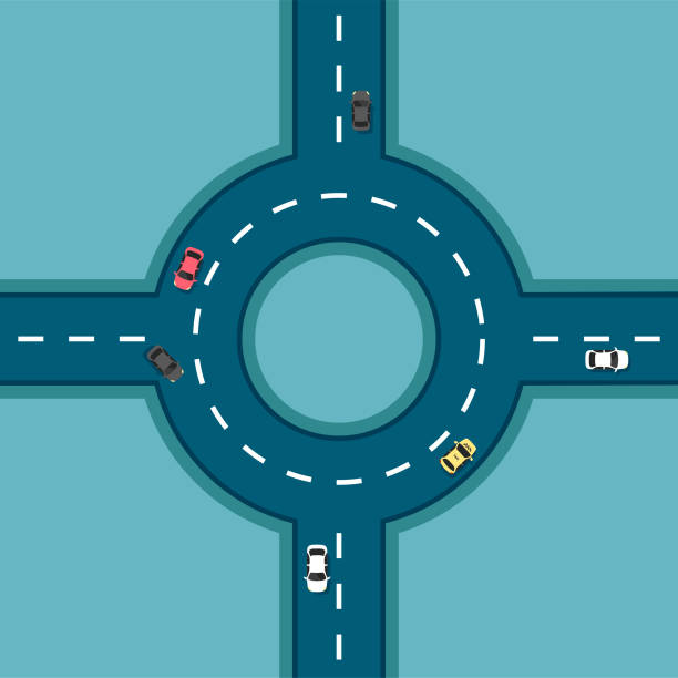 ilustrações de stock, clip art, desenhos animados e ícones de roundabout top view with different cars. - traffic roundabout