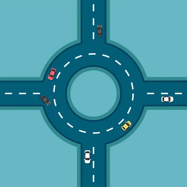 Vector illustration of Roundabout top view with different cars.