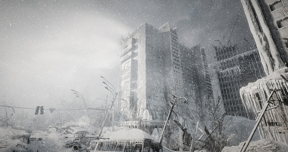 Digitally generated accurate nuclear winter scene depicting a desolate heavy snow covered urban landscape with buildings in ruins and a strong blizzard.