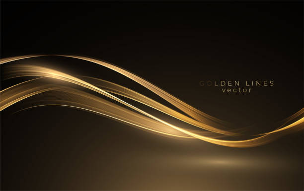 Abstract shiny color gold wave design element Abstract shiny color gold wave design element on dark background. Fashion flow lines for voucher, website and advertising. Golden silk ribbon for cosmetic gift voucher ribbon background stock illustrations