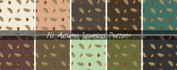Vector illustration of Set of 10 Autumn Season Leaves, Acorns and Cones Seamless Pattern