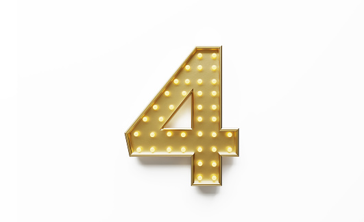 Number four formed by light bulbs on white background. Horizontal composition with copy space.
