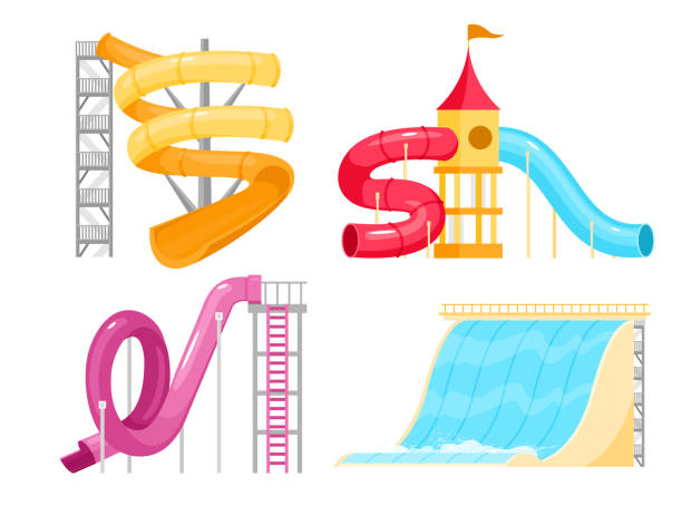 물 놀이 공원 슬라이드, 파이프 튜브 세트, 만화 플라스틱 아쿠아 파크 워터 슬라  이드 - 미끄러짐 일러스트 stock illustrations
