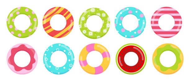 Rings toys in water vector illustration collection. Cartoon inflatable life saving floating lifebuoy for summer beach or swimming pool, funny colorful rubber toys floater for kids learning to swim background Rings toys in water vector illustration collection. Cartoon inflatable life saving floating lifebuoy for summer beach or swimming pool, funny colorful rubber toys floater for kids learning to swim background. inflated pool stock illustrations