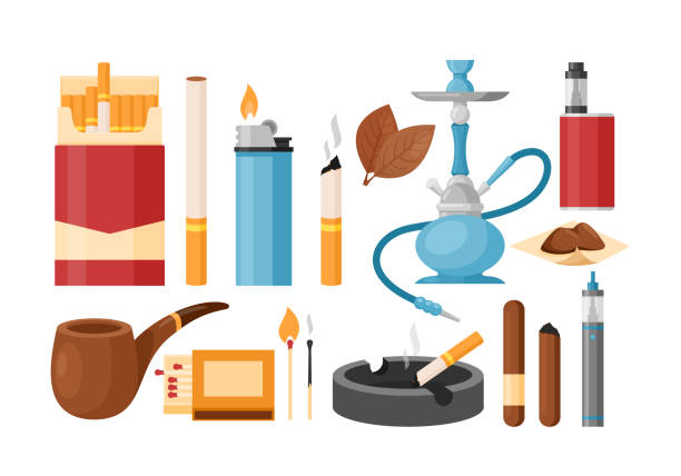 ilustrações de stock, clip art, desenhos animados e ícones de smoking tobacco set, cartoon smoker collection with nicotine cigarette ashtray cigar - snuff box