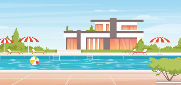 Water swimming pool summer vacation landscape, cartoon no people luxury poolside Water swimming pool summer vacation landscape vector illustration. Cartoon no people luxury spa poolside with umbrella, lounge and modern mansion villa or tropical resort hotel building background garden accessories stock illustrations