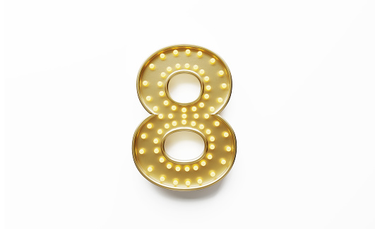 Number eight formed by light bulbs  on white background. Horizontal composition with copy space.