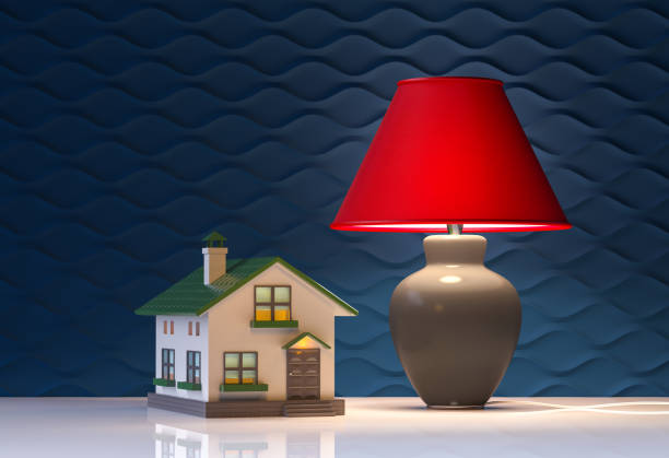 small house and red lamp on blue background - 3 rendering
