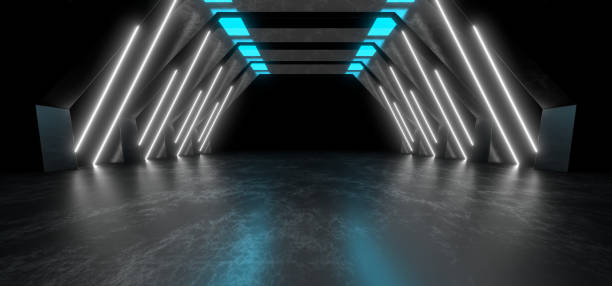 istock Sci Fy neon lamps in a dark tunnel. Reflections on the floor and walls. 3d rendering image. 1301851032