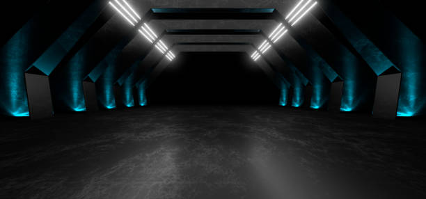 istock Sci Fy neon lamps in a dark tunnel. Reflections on the floor and walls. 3d rendering image. 1301852156