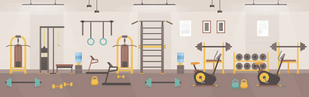 Gym room interior of cartoon sport club or fitness center Gym interior vector illustration. Cartoon sport club or fitness center gym room with treadmill machine, bike equipment, metal dumbbell and barbell bench for weight sport workout design background gym backgrounds stock illustrations