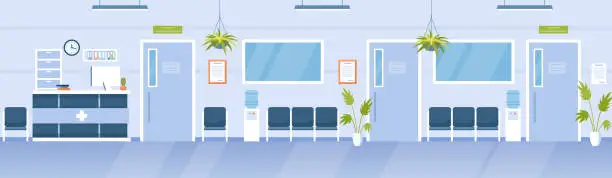 Vector illustration of Hospital reception hall clinic interior. Cartoon modern empty medical hallway with bench for waiting patients, receptionist desk counter, no people medicine office background.