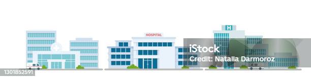 Cartoon Modern Medicine Clinic Skyscrapers Set Outdoor Facade Hospital Exterior With Ambulance Car Hospital Building Medical Office Collection Stock Illustration - Download Image Now