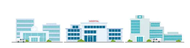 Vector illustration of Cartoon modern medicine clinic skyscrapers set, outdoor facade hospital exterior with ambulance car. Hospital building medical office collection.