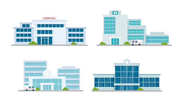 Hospital building medical office vector illustration set. Cartoon modern medicine clinic skyscrapers collection, outdoor facade hospital exterior with ambulance car and big windows isolated on white. Hospital building medical office vector illustration set. Cartoon modern medicine clinic skyscrapers collection, outdoor facade hospital exterior with ambulance car and big windows isolated on white place of research stock illustrations
