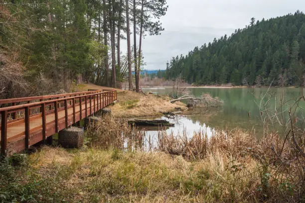 Beautiful lake landscape. Wood pedestrian bridge in the Selmac lake. Location is South Oregon, USA