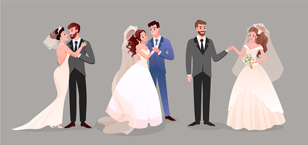 Marriage wedding couple vector illustration set. Cartoon happy just married couples characters standing together, cute newlywed bride and groom, marriage bridal ceremony or new husband and wife family