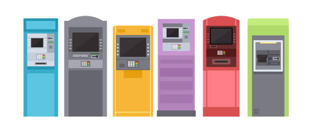 ilustrações de stock, clip art, desenhos animados e ícones de atm bank machine for payment, street terminal vector illustration set. cartoon colorful banking equipment with slots for credit card and currency, keypad to enter pin code password isolated on white. - atm
