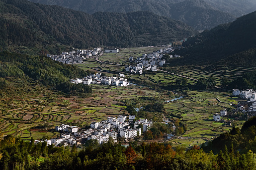 Landscape of valley and villages in Wuyuan county, Jiangxi province, China.