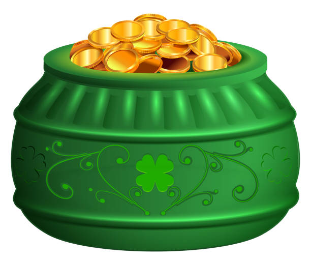 ilustrações, clipart, desenhos animados e ícones de pote verde de moedas de ouro. são patricks dia tesouro símbolo sorte trevo - treasure luck treasure chest wealth