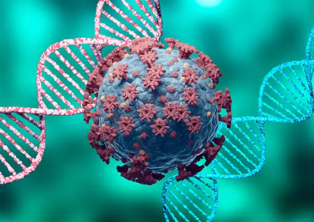 Coronavirus and DNA, virus mutation. New variant and strain of SARS CoV 2. Microscopic view. 3D rendering