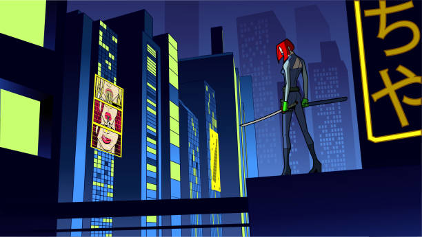 istock Vector Cyberpunk Superhero Assassin in a City at Night Stock Illustration 1301876367