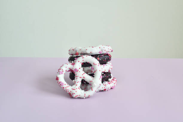 Closeup of white chocolate covered pretzels.