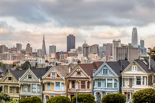 Backed by the city of San Francisco, California, the Victorian era houses near Alamo Square Park, are painted in multiple colors to accentuate their architectural details.